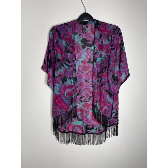 Hot Topic Tie Dye Fringe Kimono Purple Size Medium - Picture 7 of 7